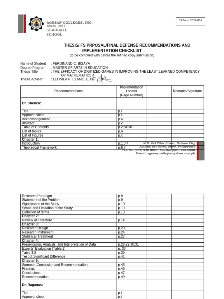 GS Form 005 Defense Recommendations Implementation Checklist1 | PDF ...