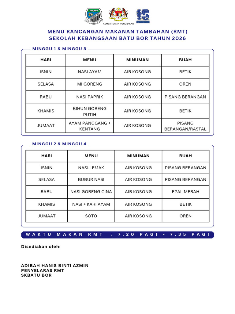 Menu RMT 2026 | PDF