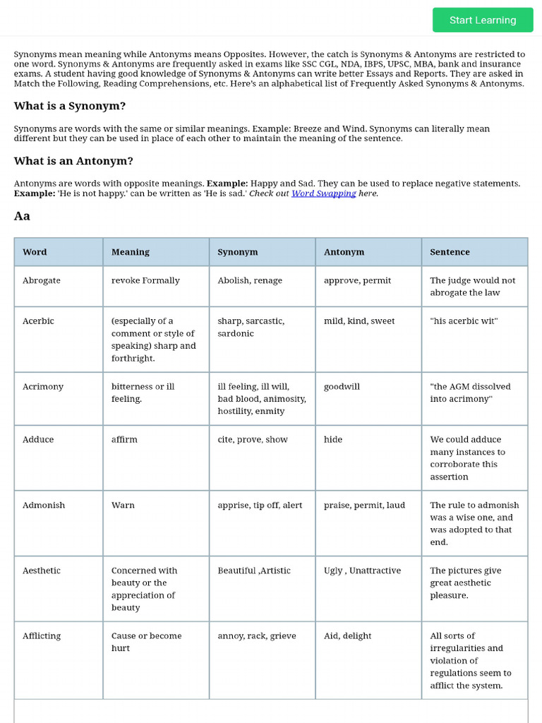 Download 500+ Synonyms and Antonyms PDF List With Words, Meanings | PDF