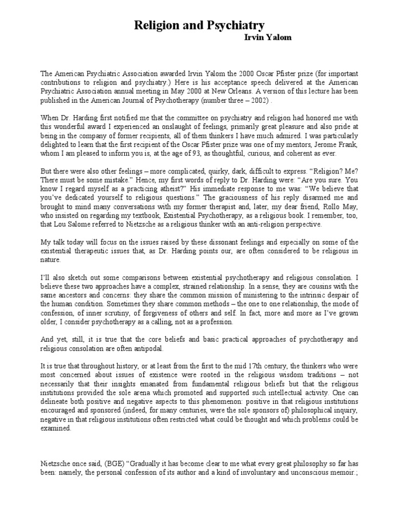 Religion and Psychiatry PDF Psychotherapy Existentialism