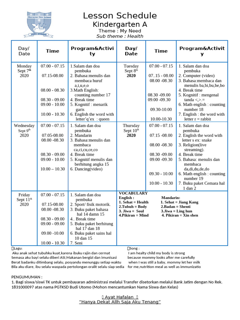 Lesson Schedule TGL 7 - 11 Sept | PDF