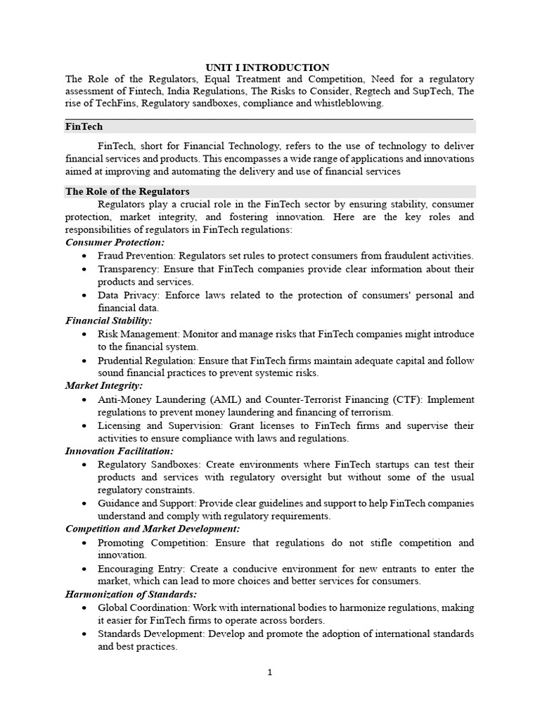 Unit 1 | PDF | Regulatory Compliance | Financial Technology