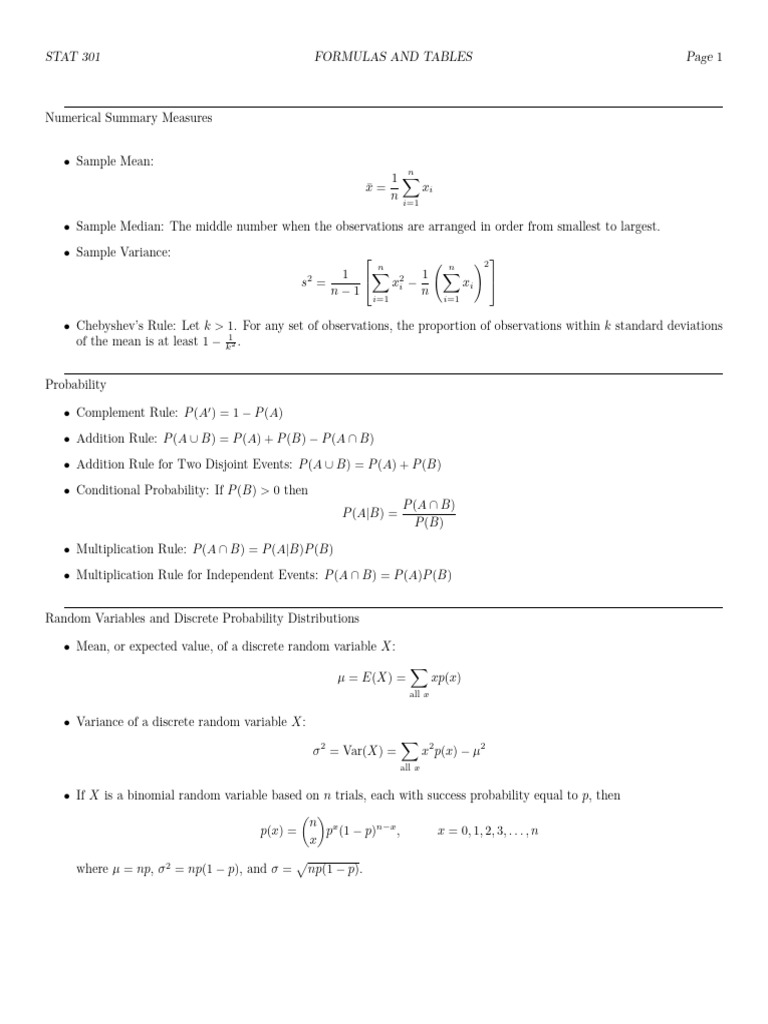 STAT 301 Formulas and Tables | PDF | Variance | Probability And Statistics