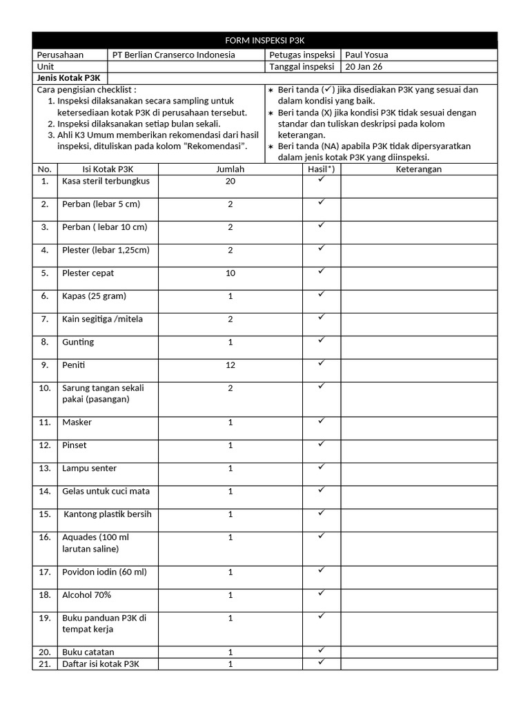 Form Inspeksi P3K | PDF