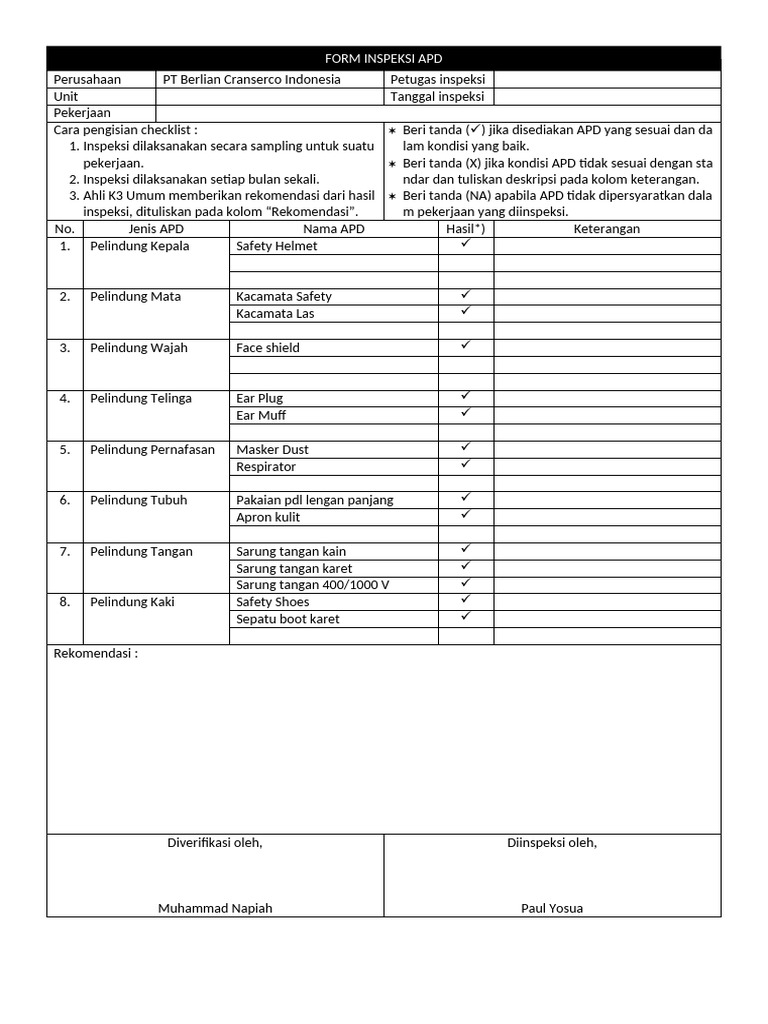 Form Inspeksi APD | PDF