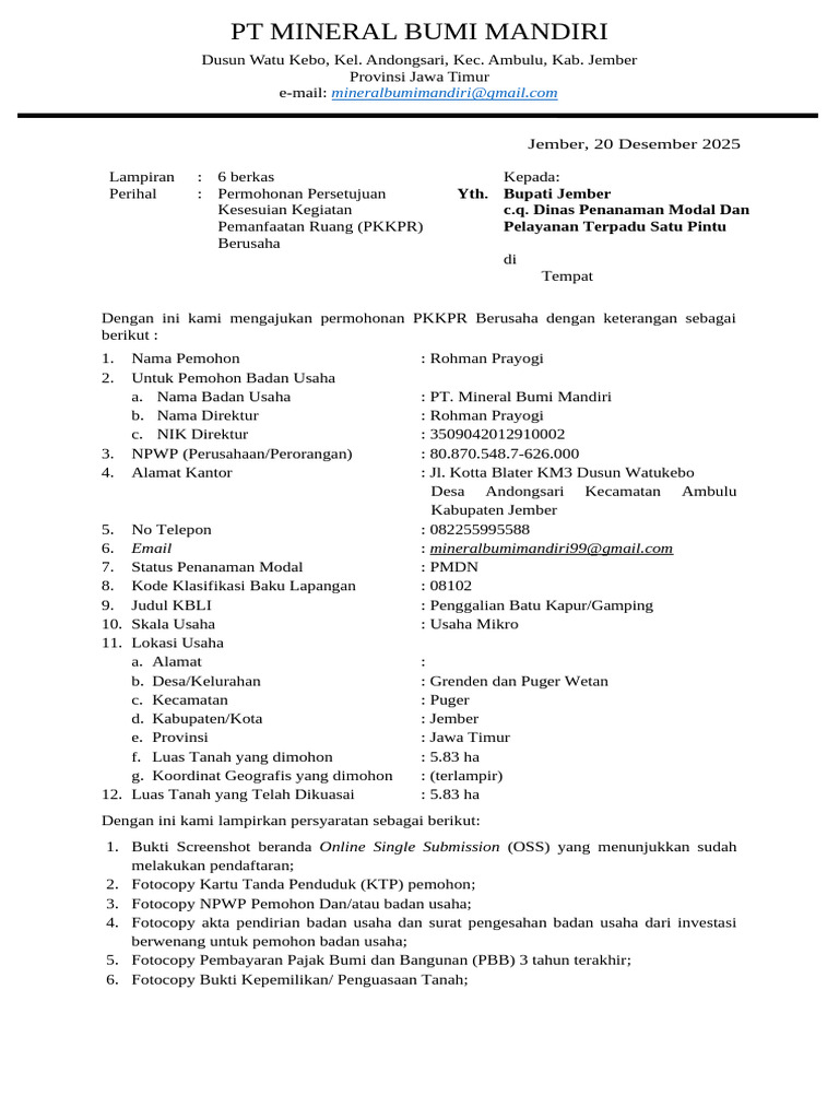 Surat Permohonan PKKPR Berusaha Pt. MBM | PDF