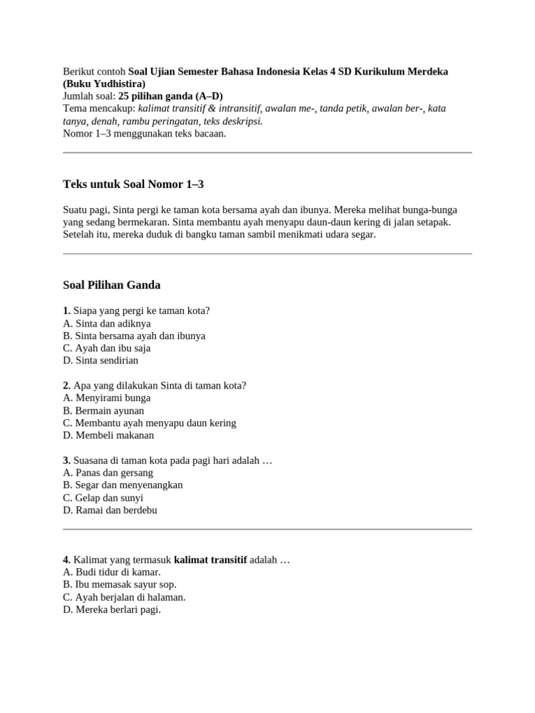 Berikut Contoh Soal Ujian Semester Bahasa Indonesia Kelas 4 SD ...