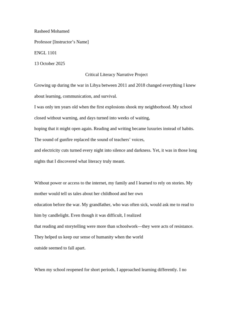 Critical Literacy Narrative Main Rasheed Mohamed | PDF | Literacy ...