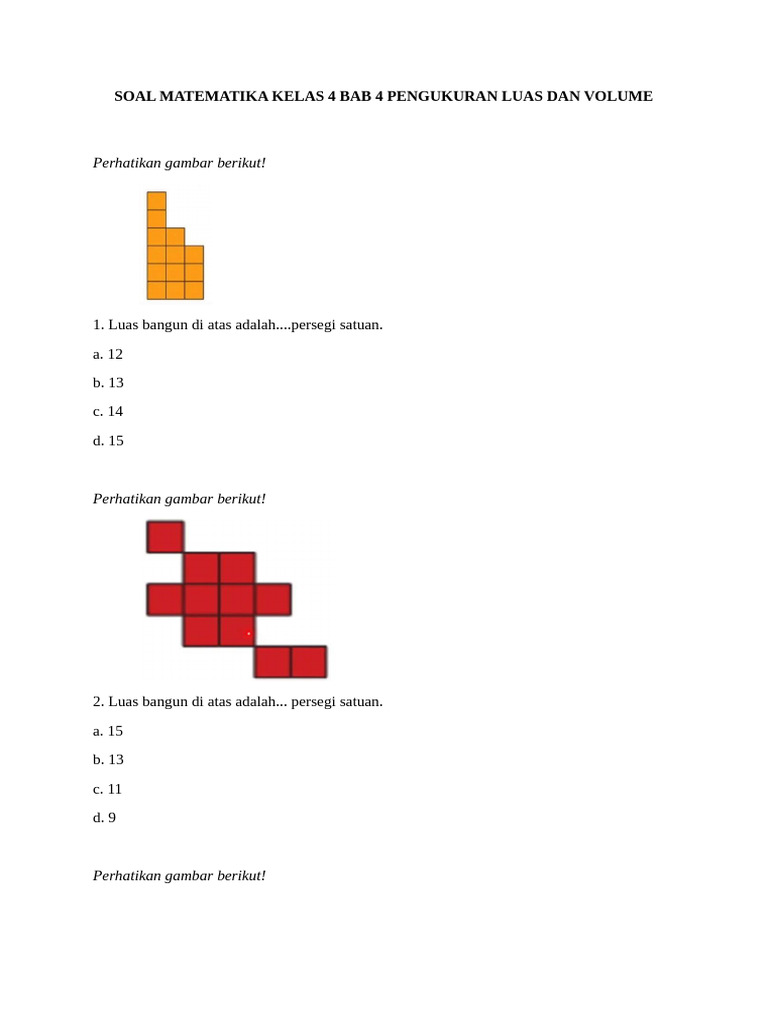 Soal Matematika Kelas 4 Bab 4 Pengukuran Luas Dan Volume | PDF