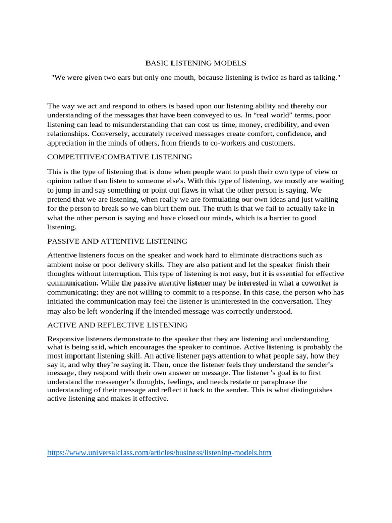 Basic Listening Models | PDF | Psychology | Social Psychology