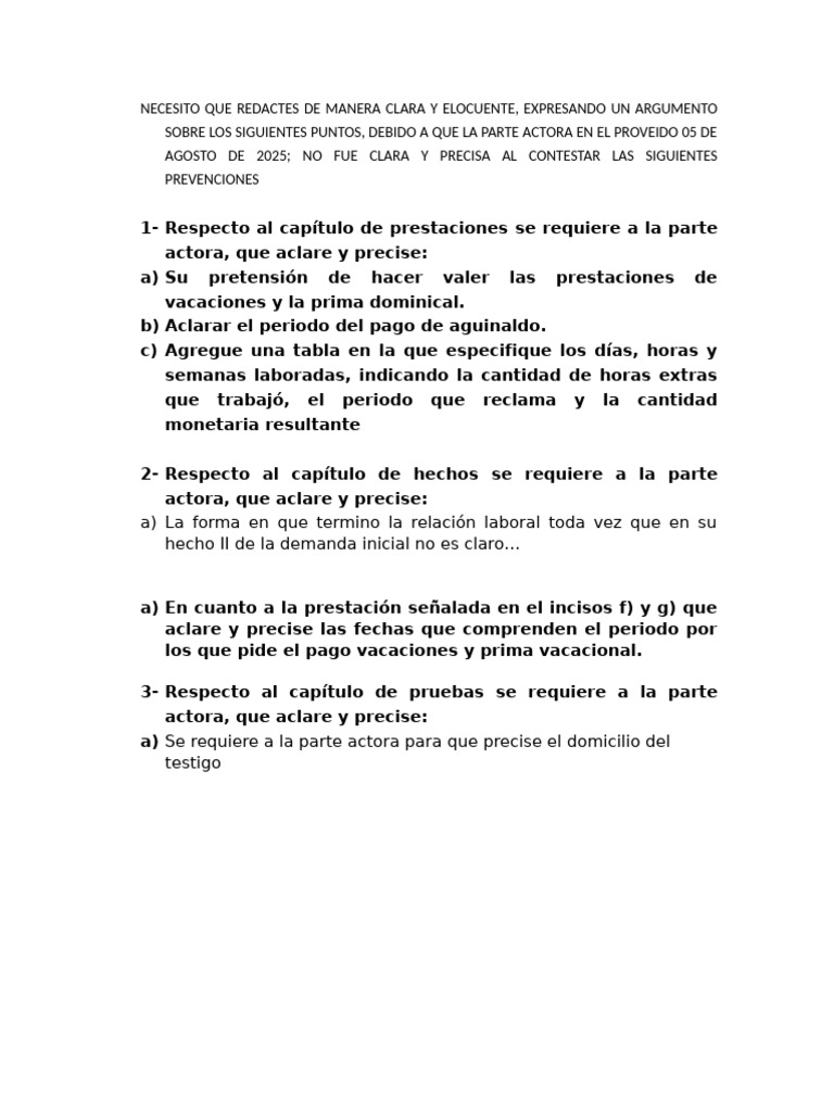 Respecto Al Capítulo de Prestaciones Se Requiere a La Parte Actora | PDF