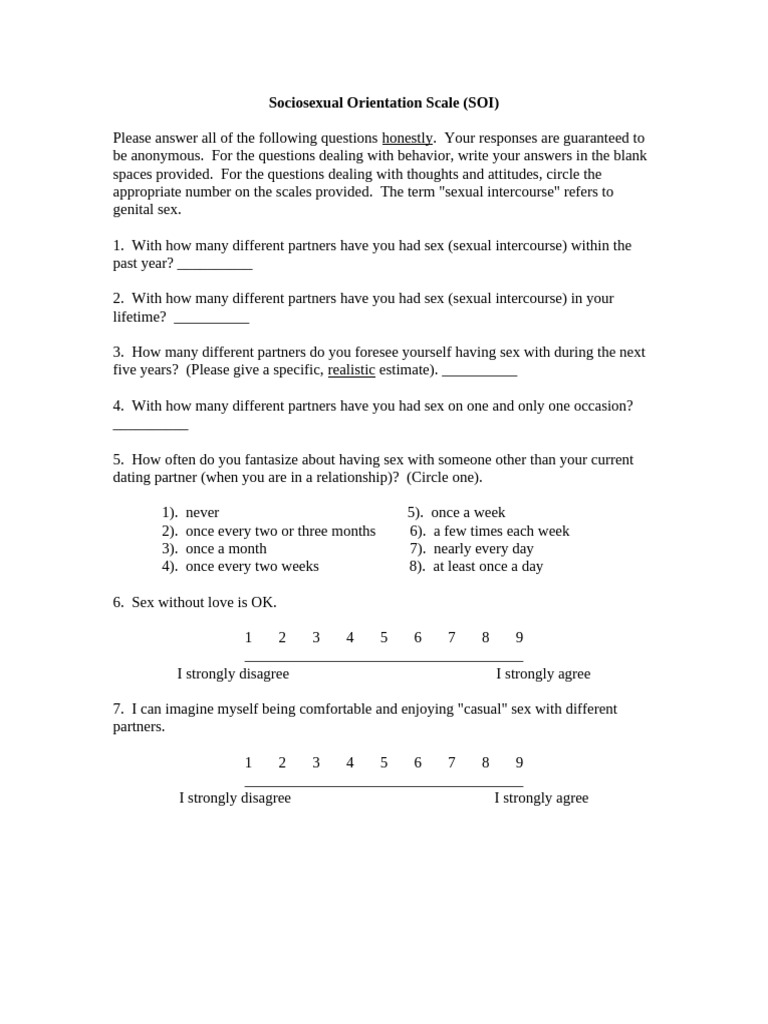 Sociosexual Orientation Inventory %28SOI%29 | PDF | Sexual Intercourse ...