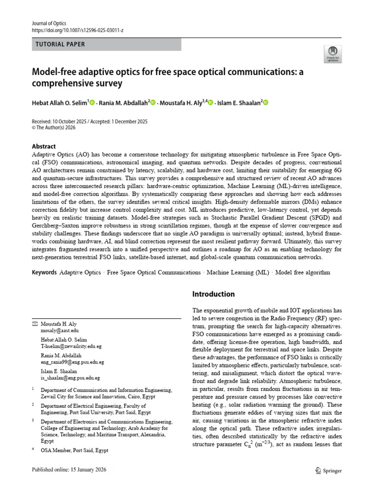 Model-Free Adaptive Optics For Free Space Optical Communications: A ...