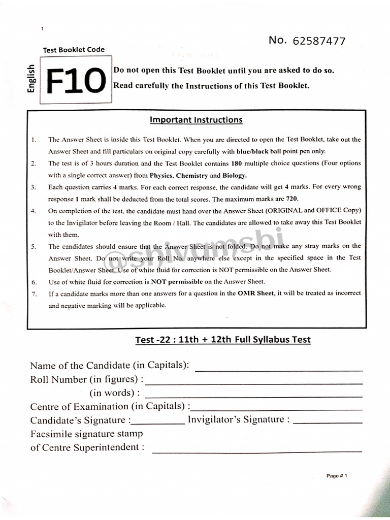 Home Test Series - 22 (11 + 12 Full Syllabus Test) | PDF