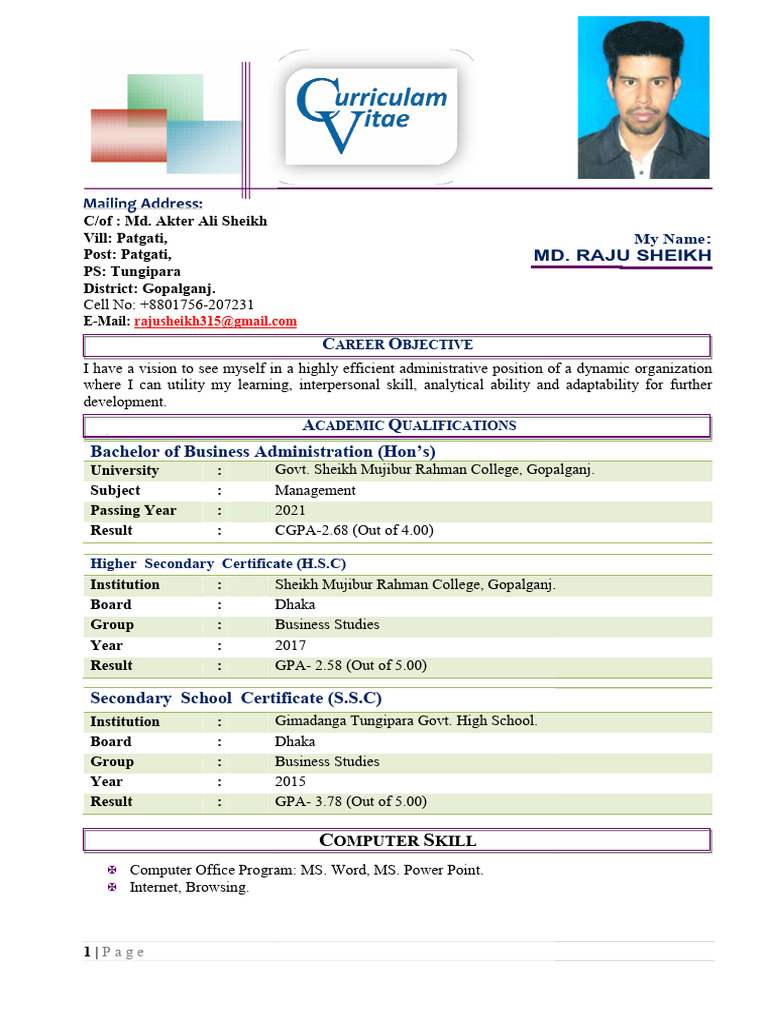 Md. Raju Sheikh Cv | PDF | Cognition | Learning