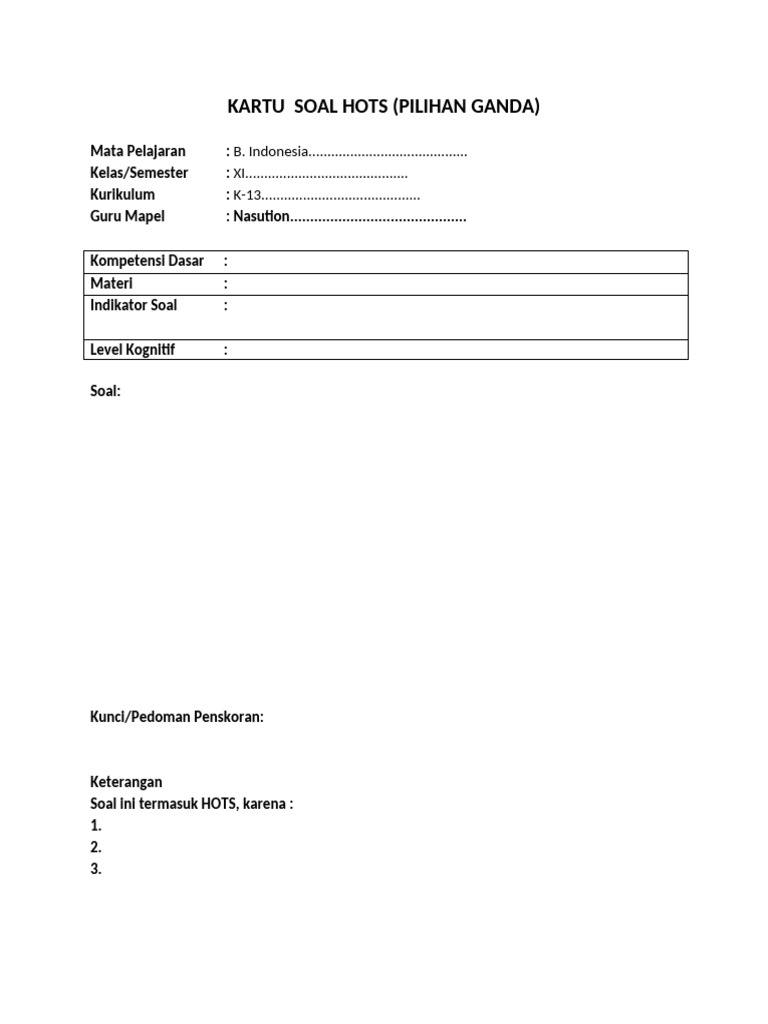 Format Kartu Soal HOTS (PG) | PDF