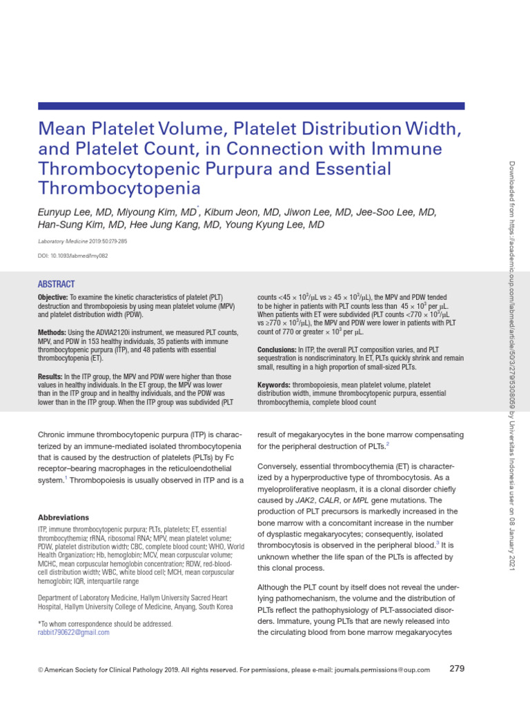 Mean Platelet Volume, Platelet Distribution Width, (1) | PDF | Clinical ...