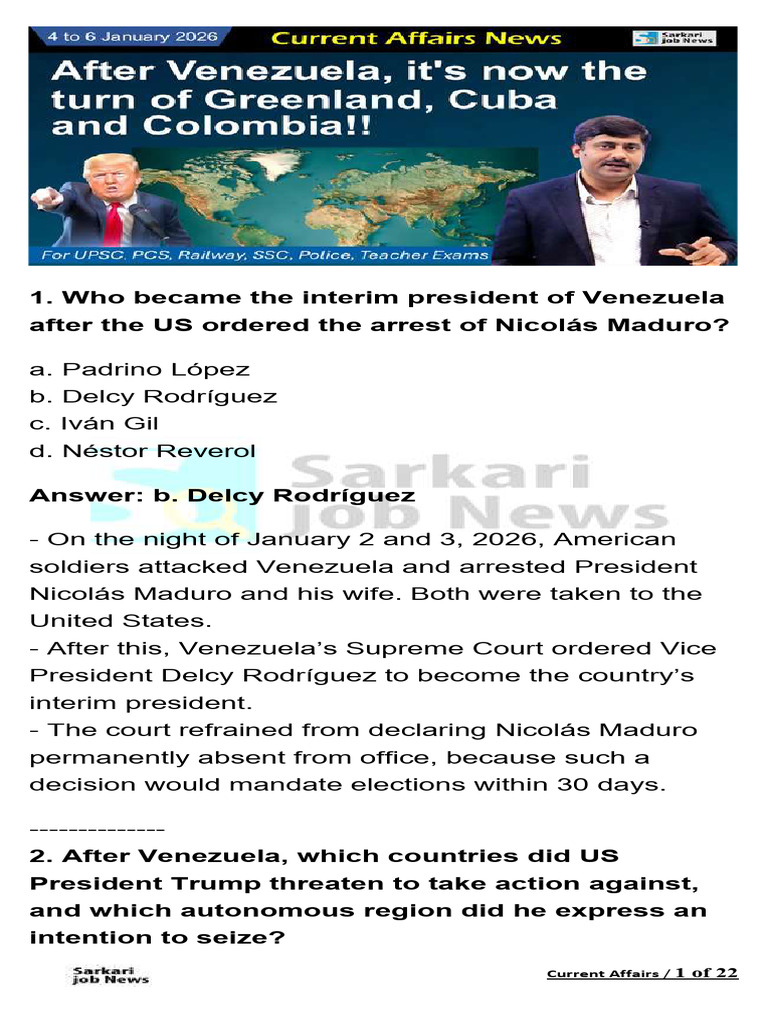 4 To 6 January 2026 Current Affairs - English | PDF | Cuba | Nicolás Maduro