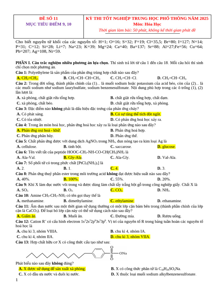 ĐỀ SỐ 11 - ĐỀ HOÁ THI TN THPT | PDF