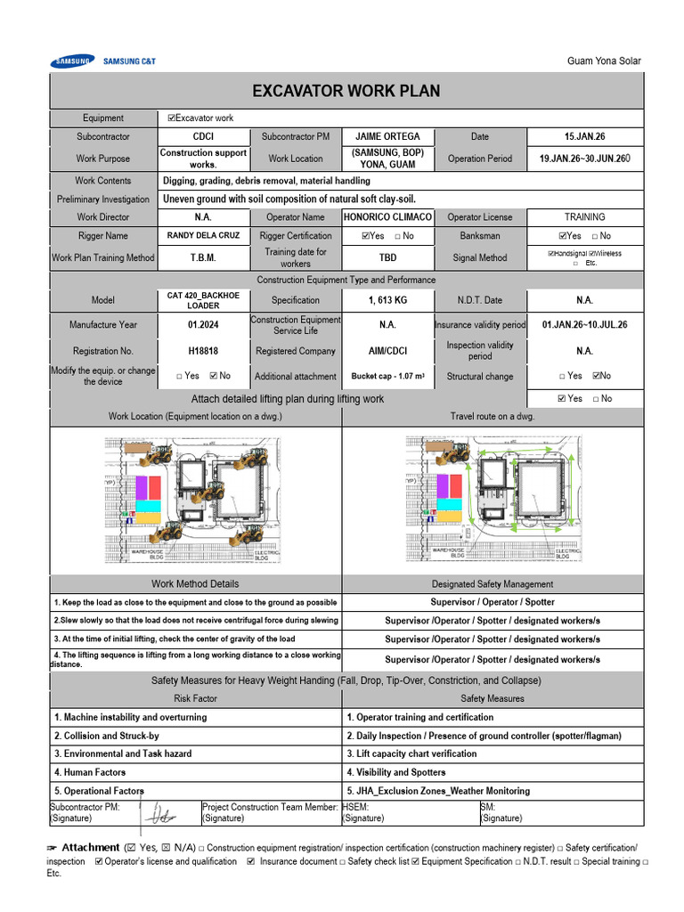 Heavy Equipment Work Plan - EXCAVATOR - 15JAN2026 | PDF