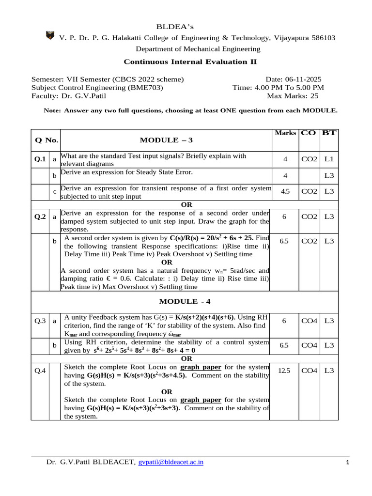 Control Engineering CIE 2 GVP Question Paper | PDF | Mechanics ...
