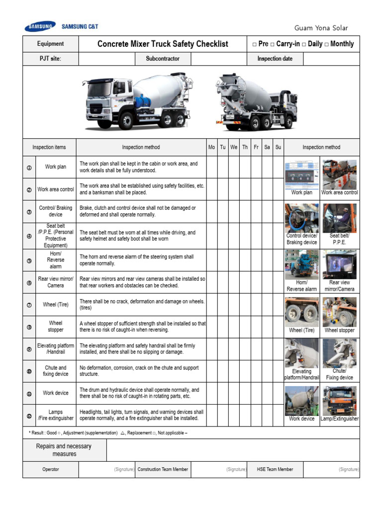 Concrete Mixer Safety Checklist | PDF | Truck | Motor Vehicle