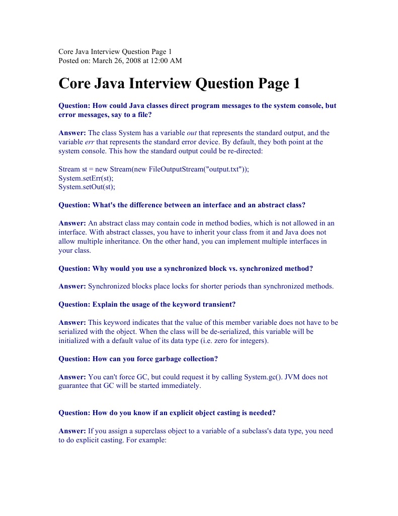 Core Java Interview Question | PDF | Class (Computer Programming ...