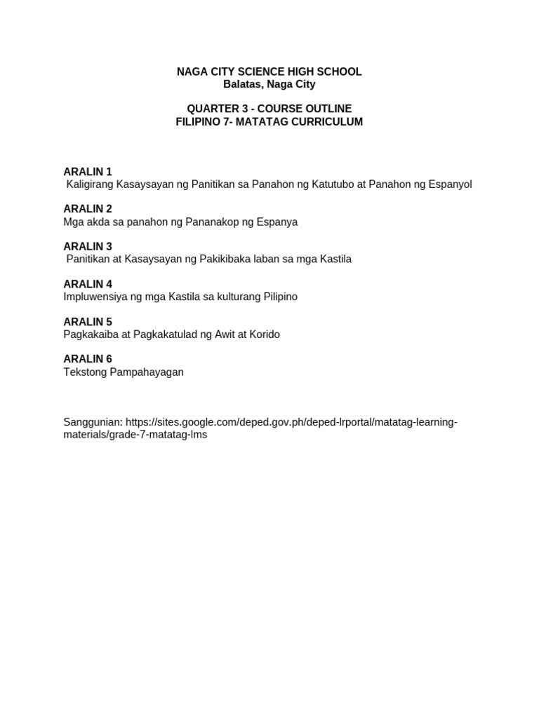 Quarter 3 FILIPINO 7 Course Outline | PDF