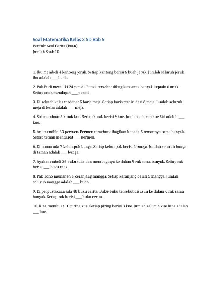 Soal Matematika Kelas 3 Bab 5 | PDF