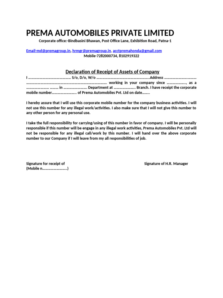 Sim Asset Form Prema Automobiles Private Limited | PDF