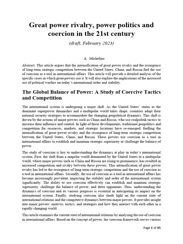 Great Power Rivalry, Power Politics and Coercion in The 21st Century ...