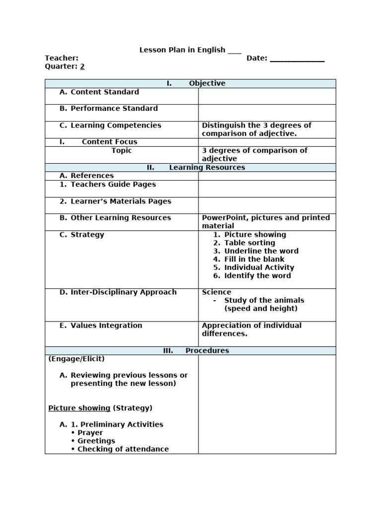 Sample Lesson Plan in English | PDF | Learning