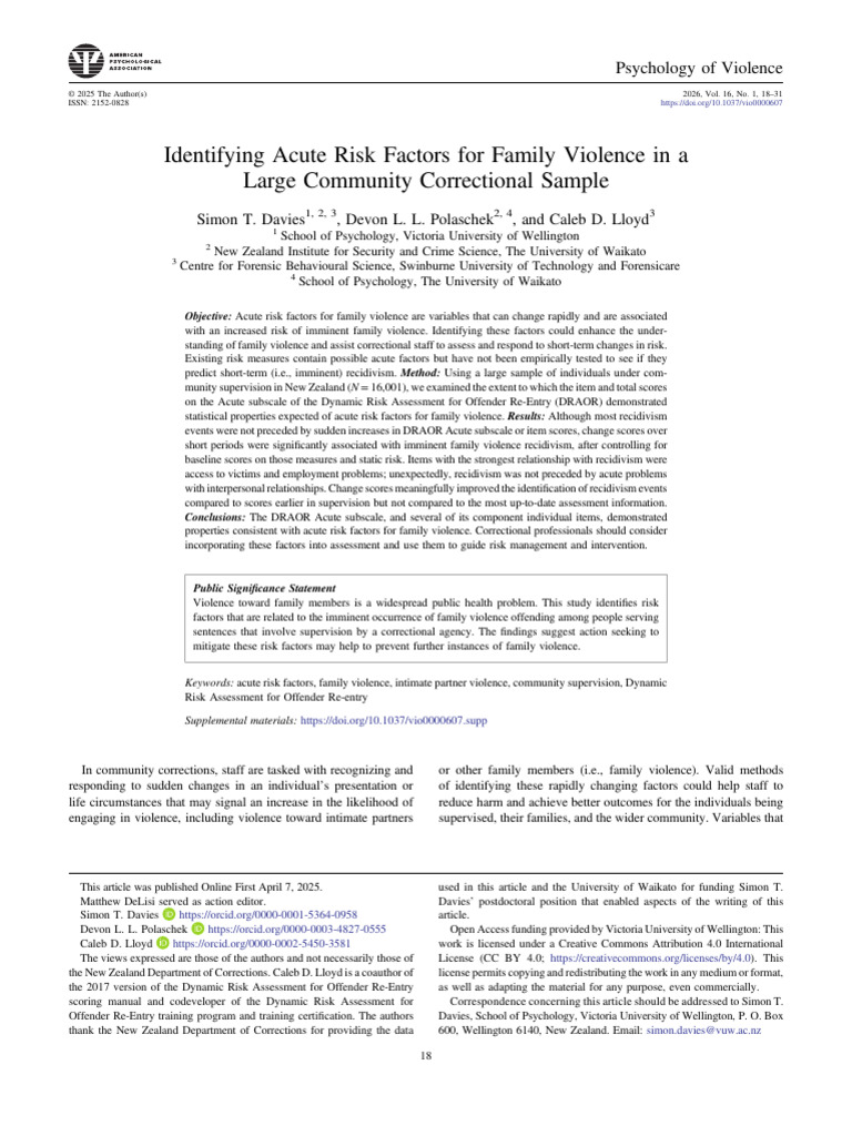 Identifying Acute Risk Factors For Family Violence in A Large Community ...