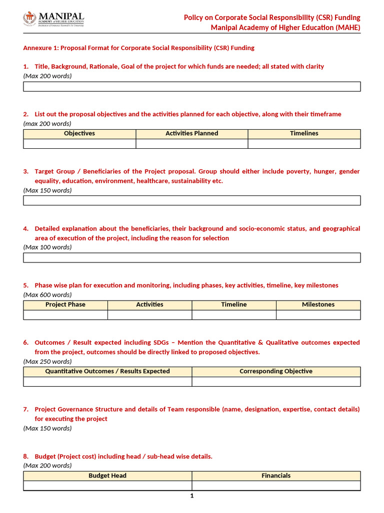 Corporate Social Responsibility (CSR) Funding - Proposal Format | PDF ...