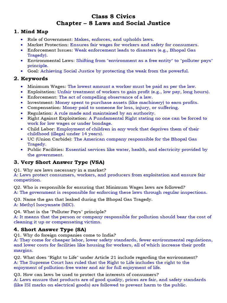 Class 8 Civics Chapter 8 Laws and Social Justice Notes | PDF | Economies