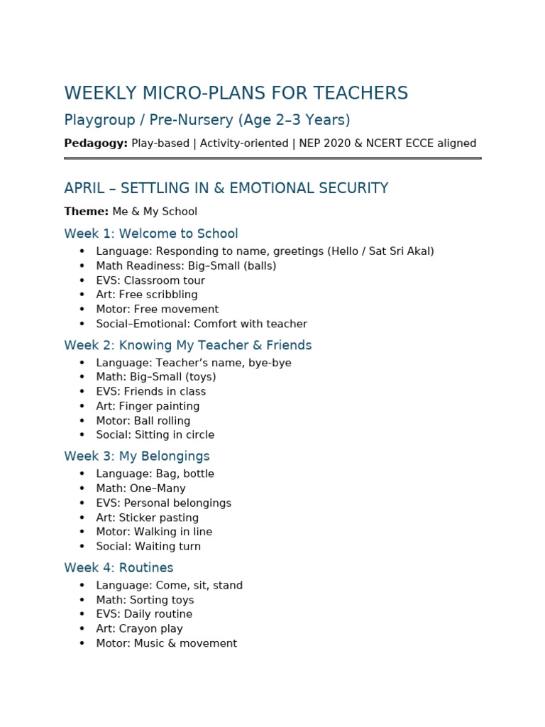 Weekly Micro-plans for Teachers – Playgroup (Age 2–3 Years) | PDF ...
