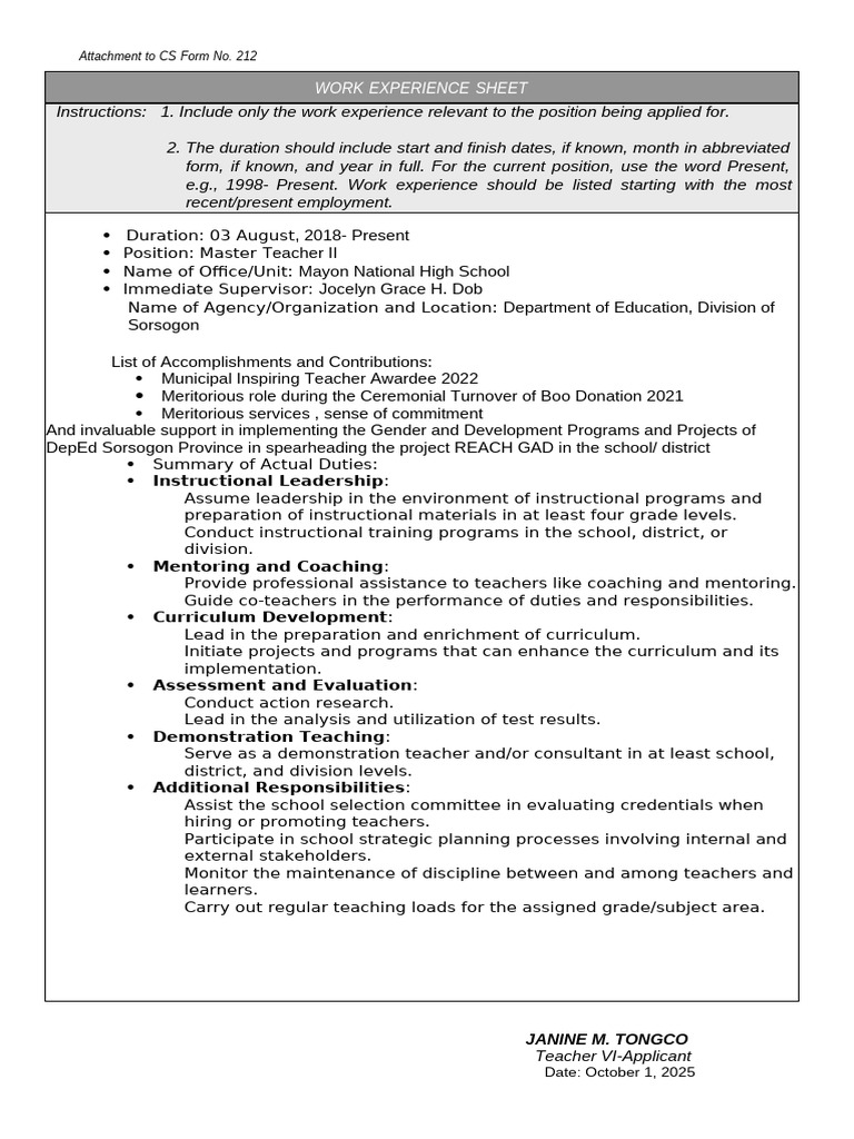 Work Experience Sheet (Attachment To PDS) | PDF | Teachers | Mentorship
