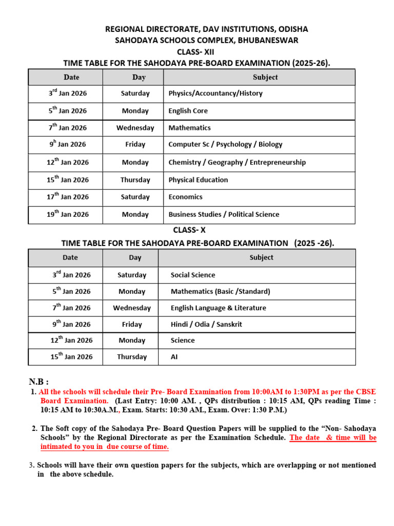 Sahodaya Pre Board Date Sheet Schedule 2025 - 2026 Class-X Xii | PDF