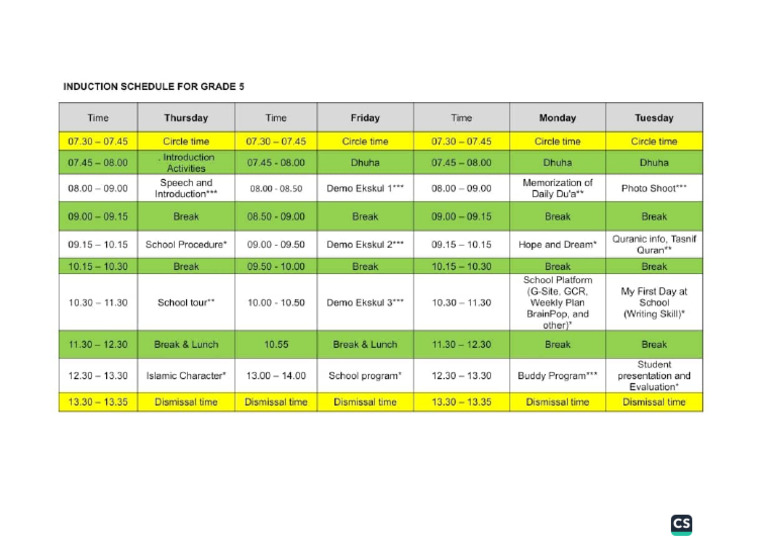 Induction Schedule Grade 5 2223 | PDF