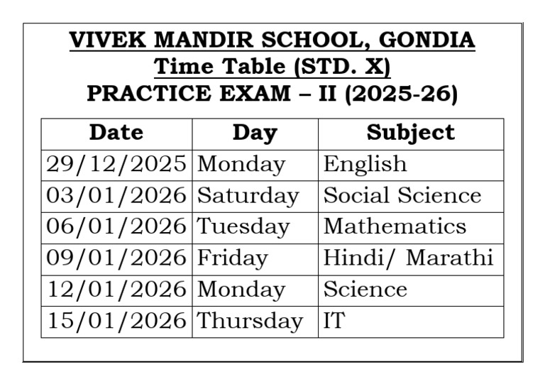 Time Table of Practice Exams II of 10th 2025-26 | PDF