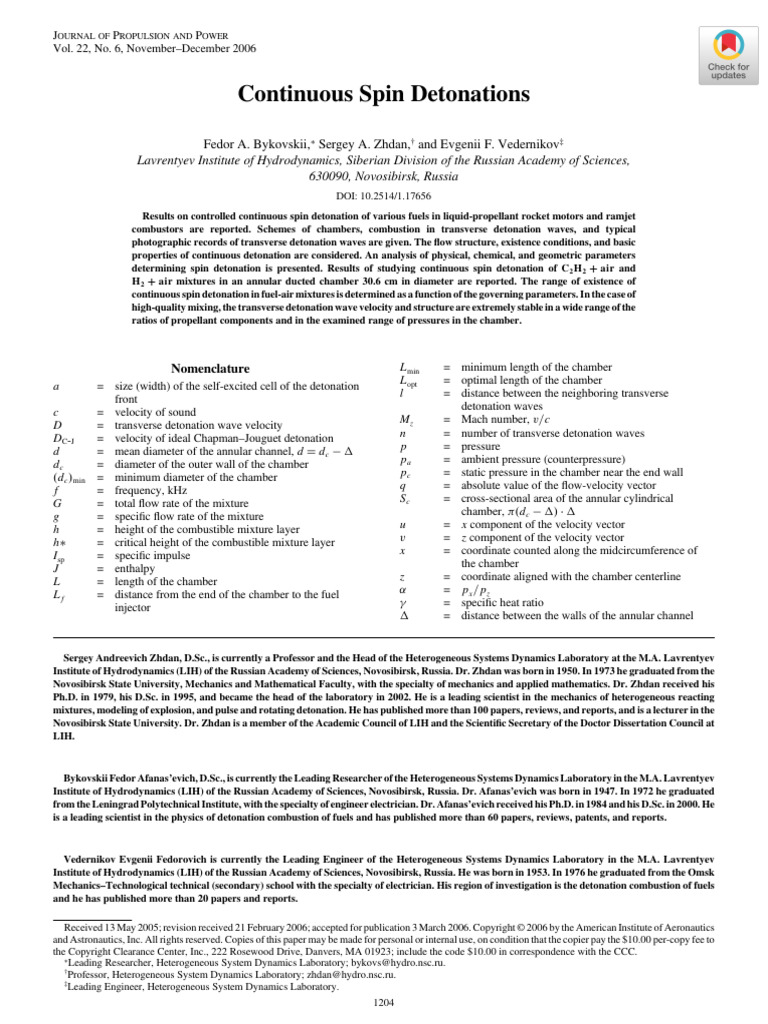 Continuous Spin Detonations | PDF | Combustion | Shock Wave