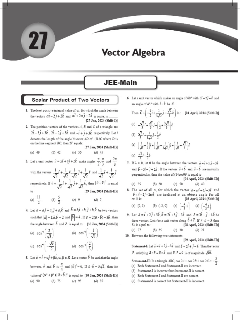 PYQs (JEE Main and Advanced) Vector Algebra | PDF | Angle | Euclidean ...