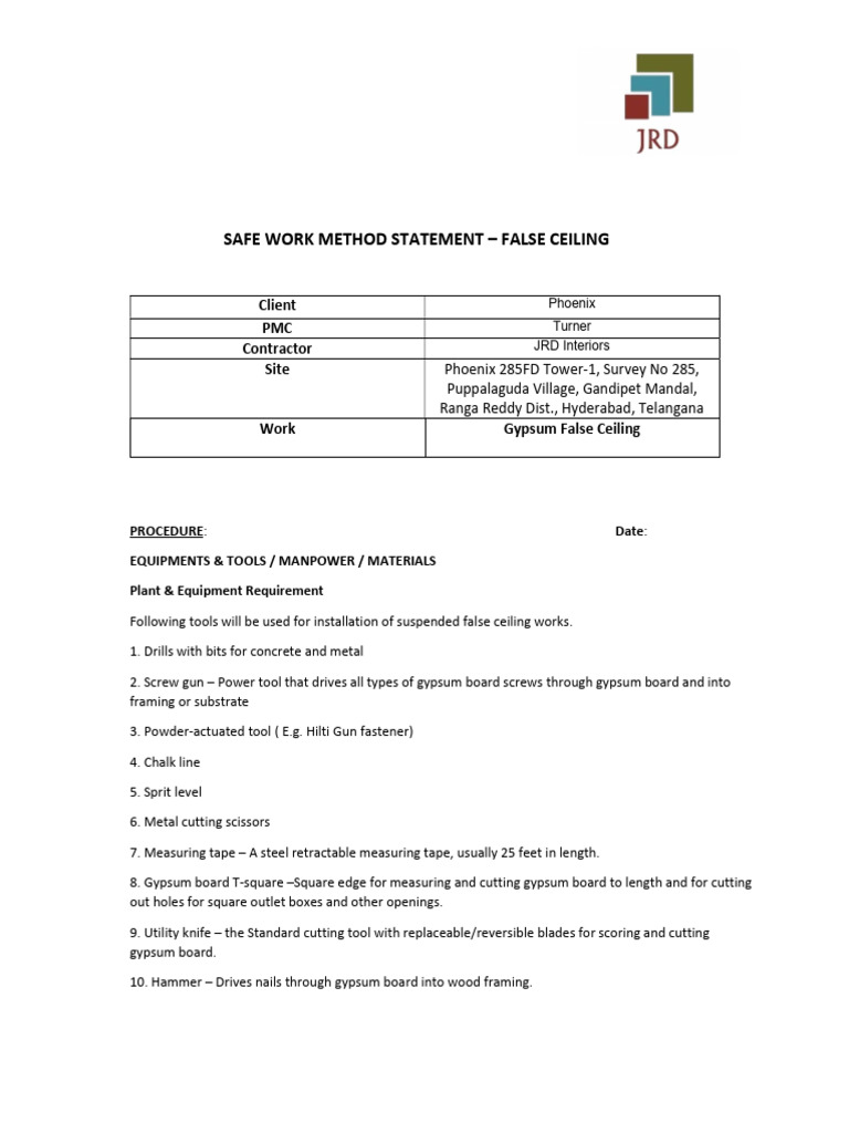Safe Work Method Statement - False Ceiling | PDF | Drywall | Knife