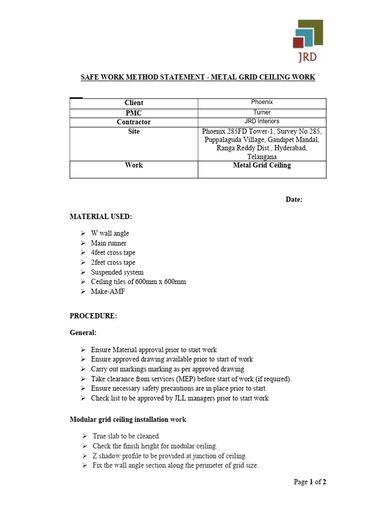 Safe Work Method Statement - Metal Grid Ceiling | PDF