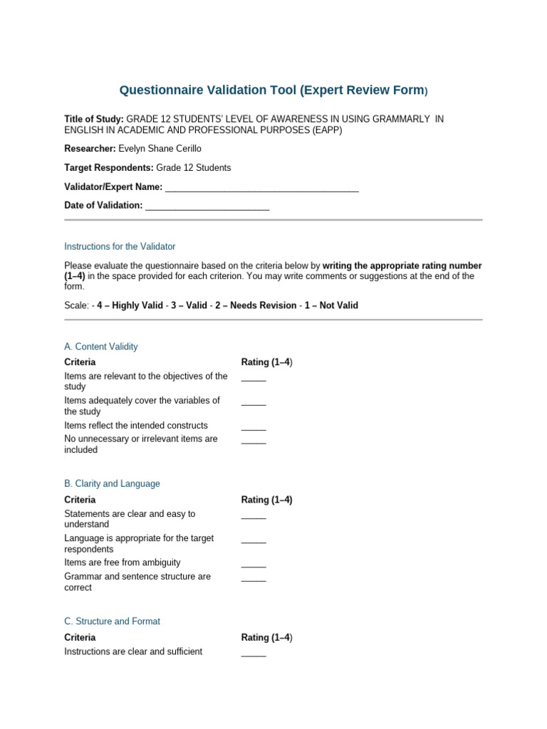 Questionnaire Validation Tool (Expert Review Form) | PDF