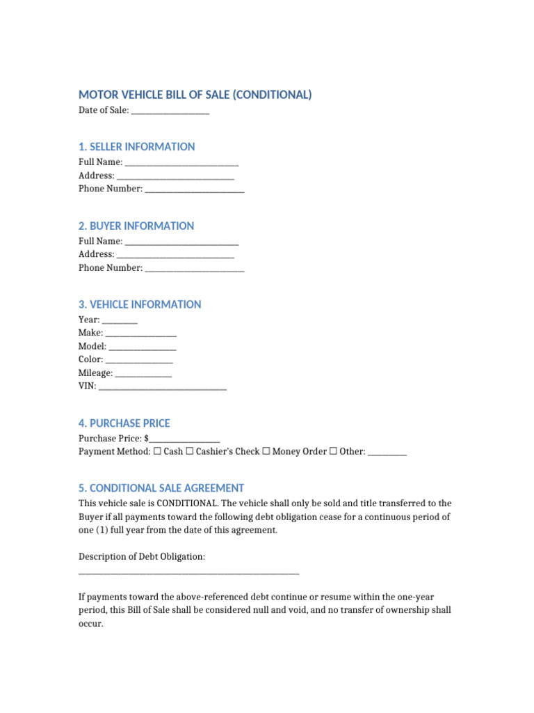 Conditional Vehicle Bill of Sale | PDF
