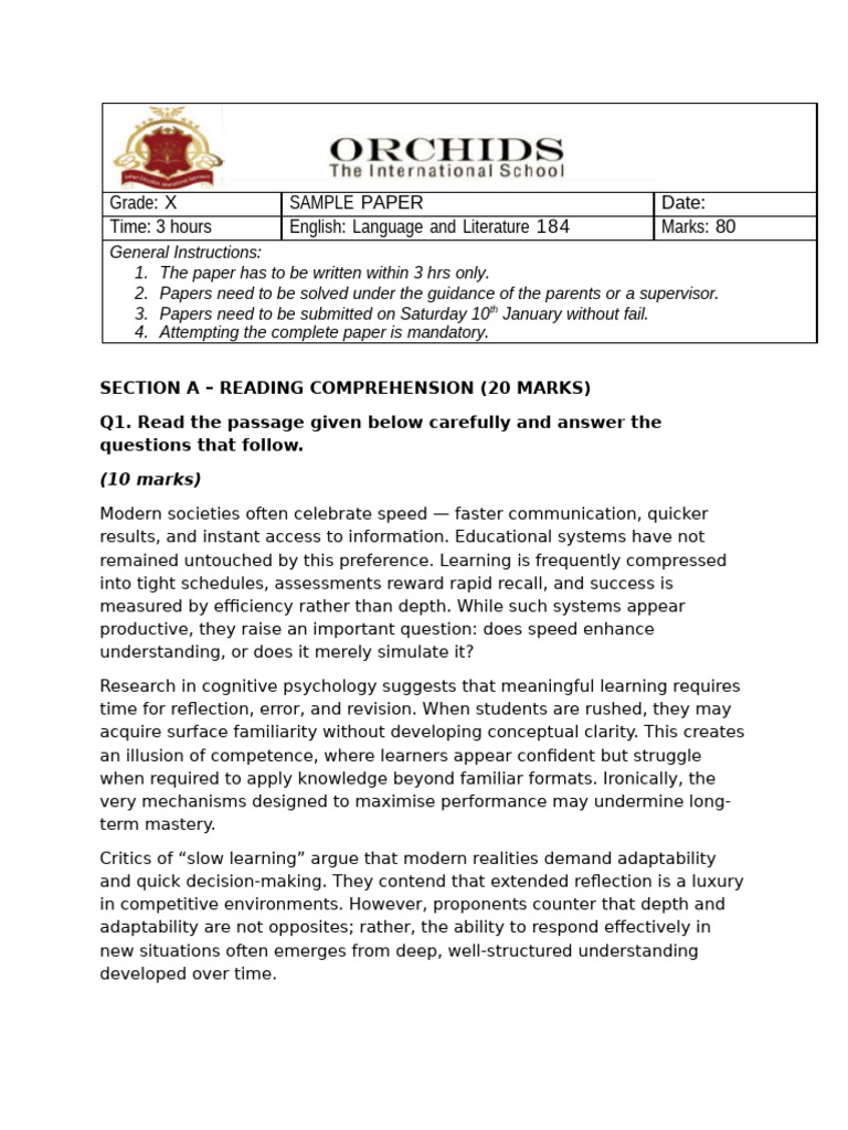 ENGLISH - Sample Revision Paper Grade - 10 | PDF | Learning | Reading ...
