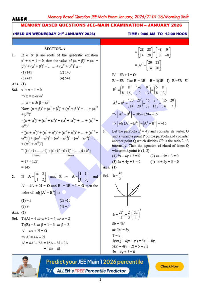 21 Jan 2026 Shift 1 | PDF | Differential Geometry | Geometric Shapes