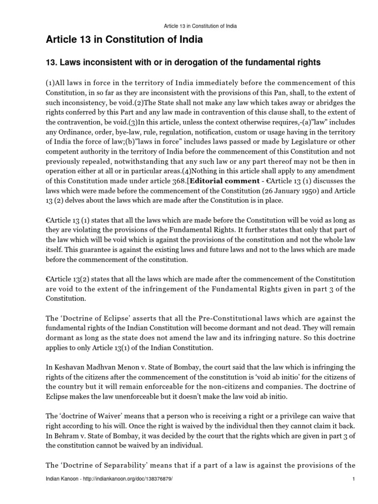 Article 13 in Constitution of India PDF | PDF | Statutory Law ...