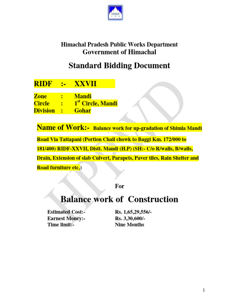 Standard Bidding Document: Balance Work of Construction | PDF | Joint ...